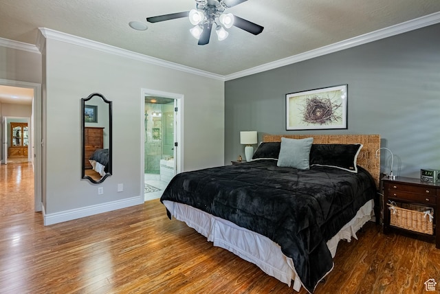 11606 S Radience Ln W, South Jordan, UT 84009 - bedroom featuring ornamental molding, wood finished floors, ensuite bath, and a ceiling fan