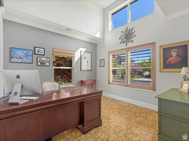 11606 S Radience Ln W, South Jordan, UT 84009 - home office with crown molding, visible vents, baseboards, a high ceiling, and tile patterned floors