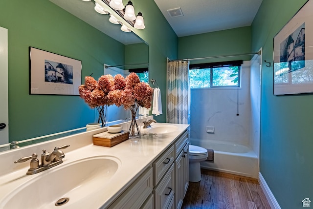 11606 S Radience Ln W, South Jordan, UT 84009 - full bath featuring double vanity, wood finished floors, and shower / bathtub combination with curtain