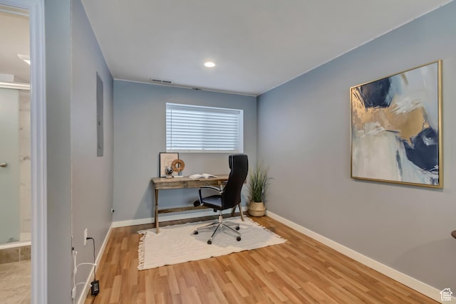 145 E Majestic Elms Pl S, South Salt Lake, UT 84115 - office featuring baseboards, recessed lighting, wood finished floors, and visible vents