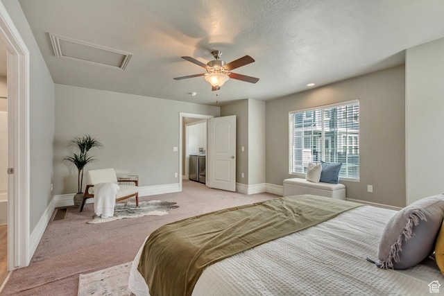 145 E Majestic Elms Pl S, South Salt Lake, UT 84115 - bedroom featuring baseboards, light colored carpet, ceiling fan, and attic access