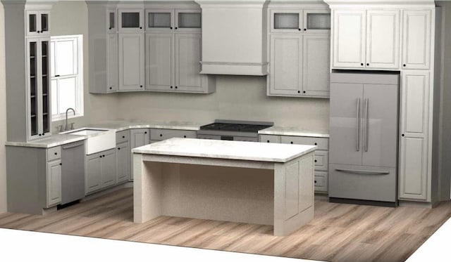 1347 W 425 S Unit 5, Lehi, UT 84043 - kitchen featuring range, stainless steel dishwasher, gray cabinetry, built in refrigerator, and light wood-style flooring