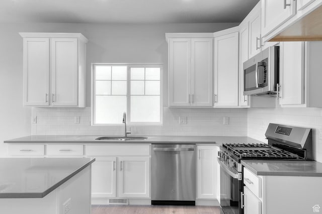 kitchen with appliances with stainless steel finishes, a sink, and white cabinets