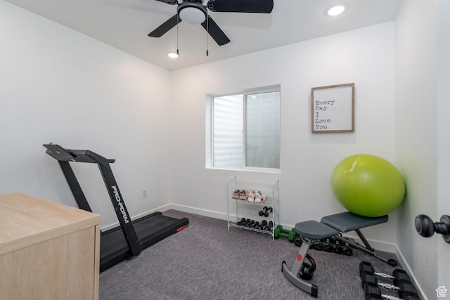 2046 W 1100 N, Provo, UT 84604 - exercise room featuring baseboards, a ceiling fan, recessed lighting, and dark colored carpet