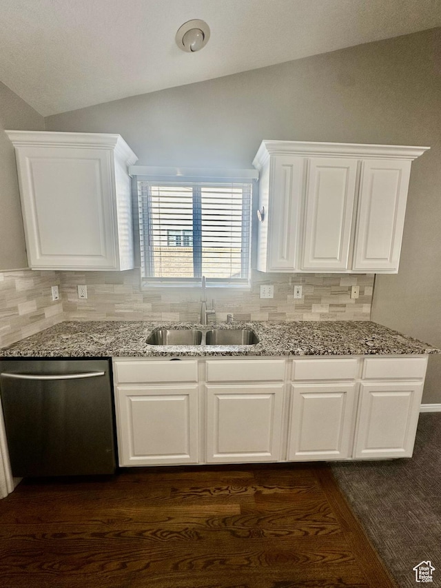 498 N 80 W, Lindon, UT 84042 - kitchen featuring light stone counters, a sink, lofted ceiling, and dishwasher
