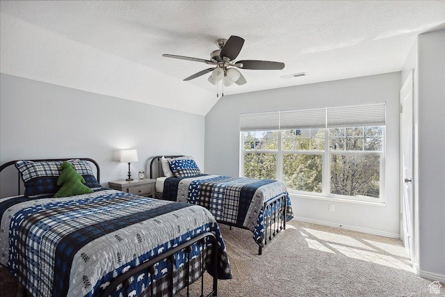 3511 N Willow Creek Ln E Unit 10, Eden, UT 84310 - bedroom featuring a textured ceiling, carpet, baseboards, vaulted ceiling, and visible vents