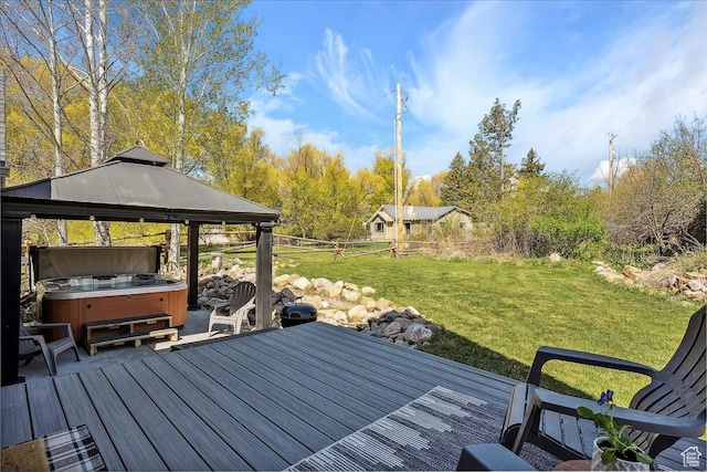 3511 N Willow Creek Ln E Unit 10, Eden, UT 84310 - wooden terrace featuring a yard, a gazebo, and a hot tub
