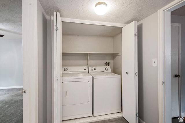 639 N University Ave Unit 2, Provo, UT 84601 - laundry area featuring laundry area, a textured ceiling, washing machine and dryer, baseboards, and carpet flooring