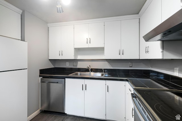 639 N University Ave Unit 2, Provo, UT 84601 - kitchen featuring freestanding refrigerator, electric range, wall chimney exhaust hood, a sink, and dishwasher