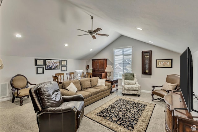 1889 S 910 W Unit B, Syracuse, UT 84075 - living area featuring baseboards, a ceiling fan, vaulted ceiling, and light colored carpet