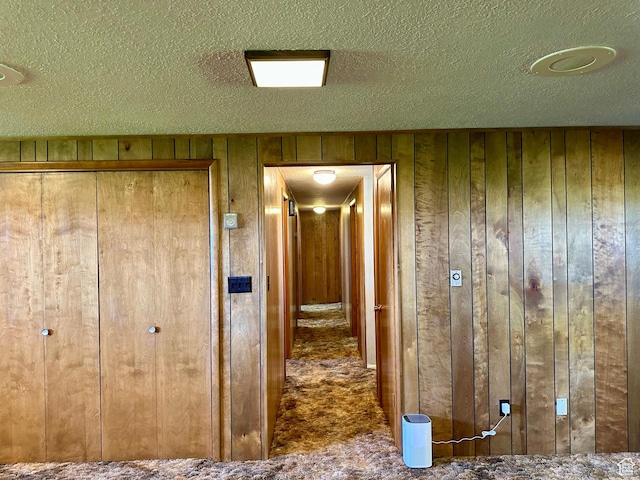 56 S 700 E, Hyrum, UT 84319 - corridor with a textured ceiling, wooden walls, and carpet flooring