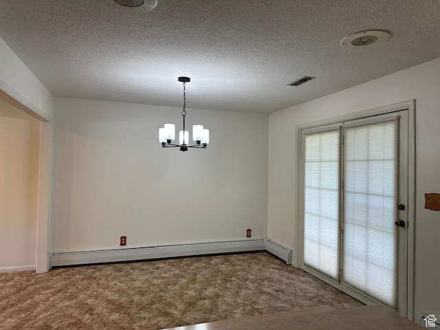 56 S 700 E, Hyrum, UT 84319 - unfurnished dining area featuring carpet floors, a baseboard heating unit, a chandelier, a textured ceiling, and baseboards
