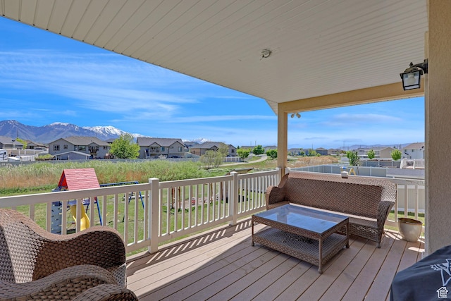 1350 S 849 W Unit 17D, Springville, UT 84663 - wooden terrace with a residential view, a mountain view, and outdoor lounge area