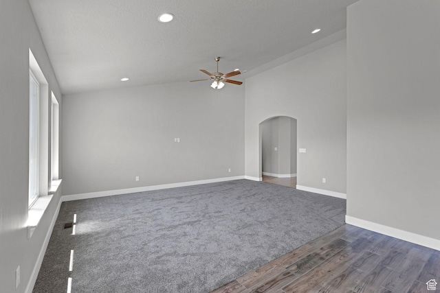 1350 S 849 W Unit 17D, Springville, UT 84663 - empty room featuring ceiling fan, arched walkways, baseboards, lofted ceiling, and recessed lighting