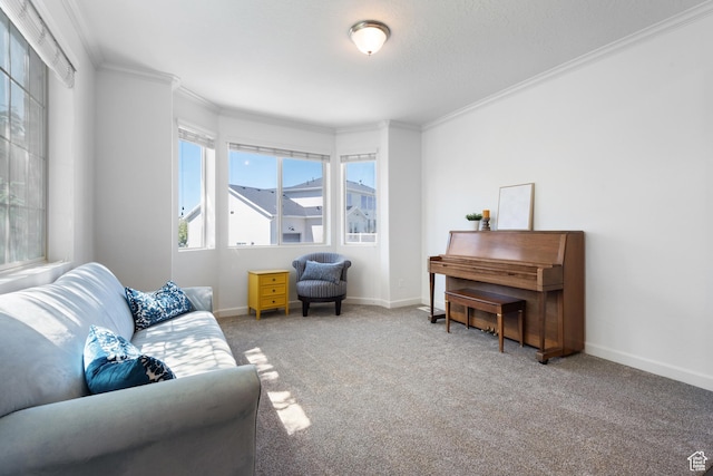 living area featuring crown molding, baseboards, and carpet