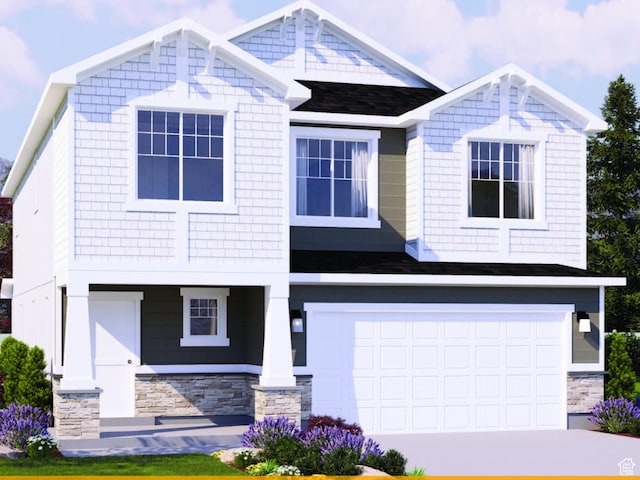 view of front of home featuring an attached garage, covered porch, stone siding, and concrete driveway