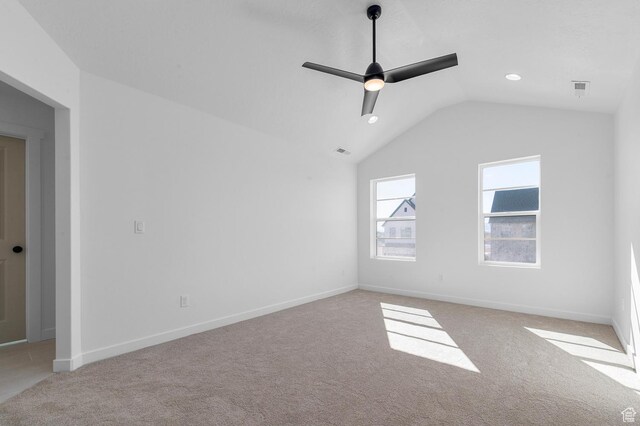 1446 N 3250 W, Provo, UT 84601 - carpeted empty room featuring visible vents, baseboards, ceiling fan, and vaulted ceiling