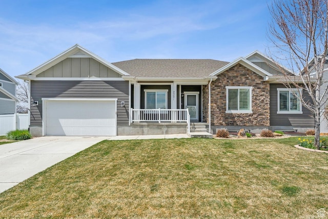 272 S 300 E, Midway, UT 84049 - craftsman inspired home with a porch, board and batten siding, a front yard, concrete driveway, and an attached garage