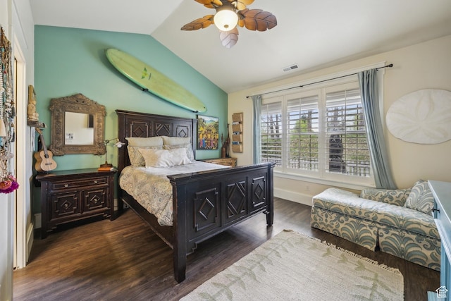 480 E Mission Dr, Midway, UT 84049 - bedroom with visible vents, wood finished floors, baseboards, ceiling fan, and vaulted ceiling
