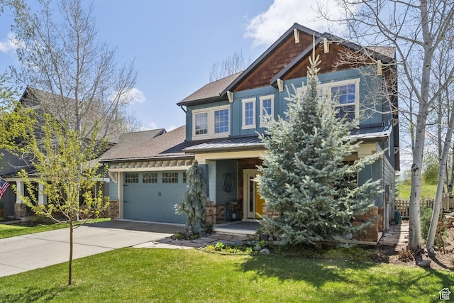 480 E Mission Dr, Midway, UT 84049 - craftsman-style home with a front lawn, a garage, a porch, a standing seam roof, and driveway