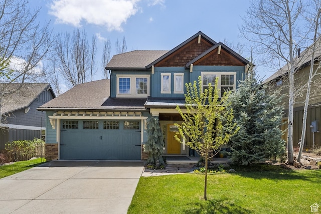 480 E Mission Dr, Midway, UT 84049 - craftsman inspired home with a garage, driveway, roof with shingles, and a front lawn