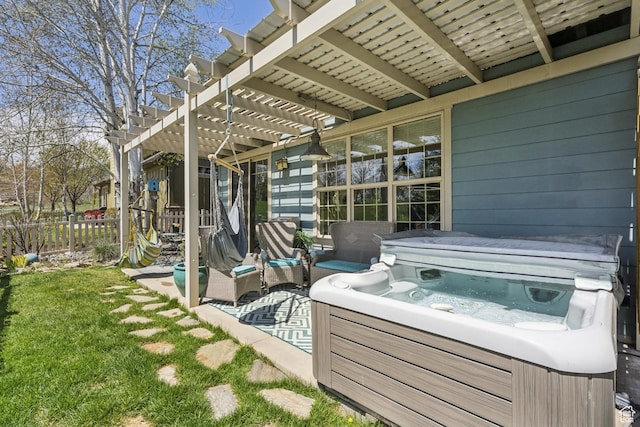 480 E Mission Dr, Midway, UT 84049 - view of patio featuring fence, a pergola, and a hot tub