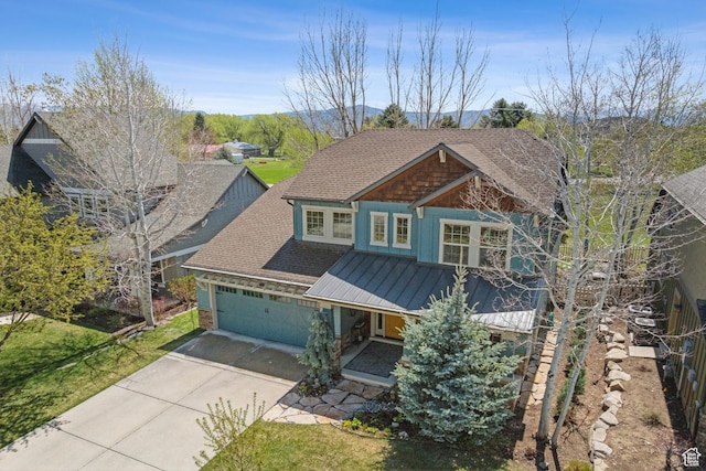 480 E Mission Dr, Midway, UT 84049 - craftsman-style home with roof with shingles, a garage, a porch, a standing seam roof, and driveway