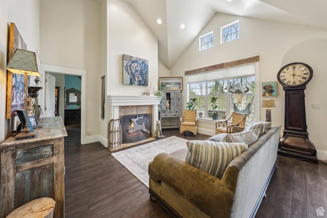 480 E Mission Dr, Midway, UT 84049 - living area with high vaulted ceiling, dark wood-style floors, baseboards, and a fireplace