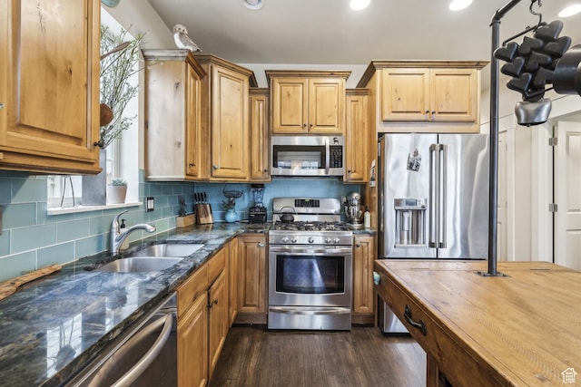 480 E Mission Dr, Midway, UT 84049 - kitchen with dark wood-style flooring, dark stone counters, a sink, backsplash, and stainless steel appliances
