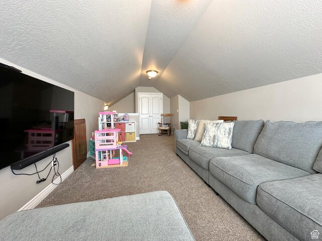 515 S Stump Hollow Rd, Garden City, UT 84028 - living area with a textured ceiling, lofted ceiling, carpet, and baseboards