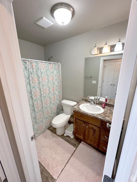 515 S Stump Hollow Rd, Garden City, UT 84028 - full bath with vanity, toilet, tile patterned flooring, a shower with shower curtain, and a textured ceiling