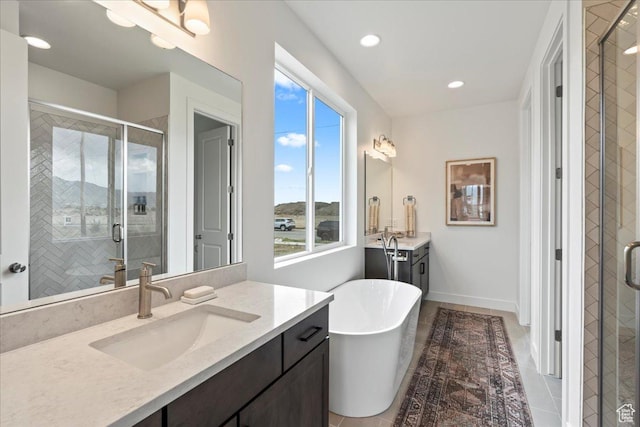 242 W Hillcrest Dr Unit 6, Spanish Fork, UT 84660 - bathroom featuring a sink, tile patterned floors, two vanities, a soaking tub, and a stall shower