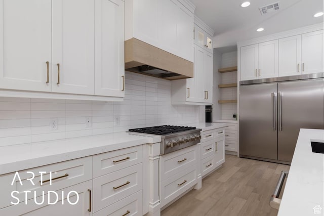5220 W 2040 S, Hurricane, UT 84737 - kitchen featuring stainless steel appliances, white cabinetry, decorative backsplash, recessed lighting, and open shelves