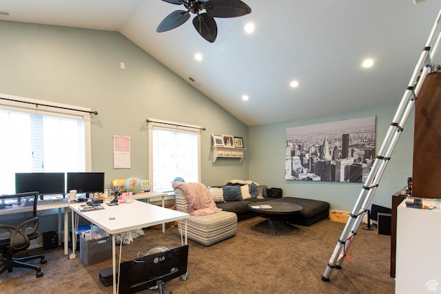 465 S Main St, Providence, UT 84332 - office space with carpet floors, visible vents, high vaulted ceiling, recessed lighting, and a ceiling fan