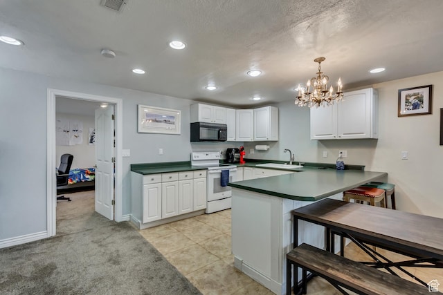 126 W Casi Way, Saratoga Springs, UT 84045 - kitchen featuring electric stove, black microwave, a sink, a peninsula, and white cabinets