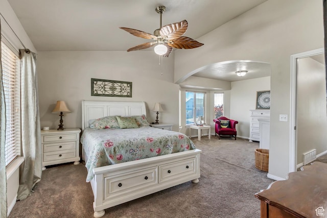 126 W Casi Way, Saratoga Springs, UT 84045 - carpeted bedroom featuring arched walkways, high vaulted ceiling, and a ceiling fan
