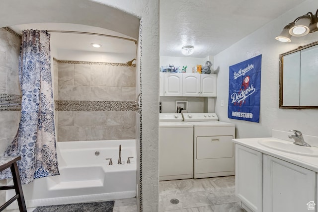 126 W Casi Way, Saratoga Springs, UT 84045 - bathroom with separate washer and dryer, shower / bathtub combination with curtain, and two vanities
