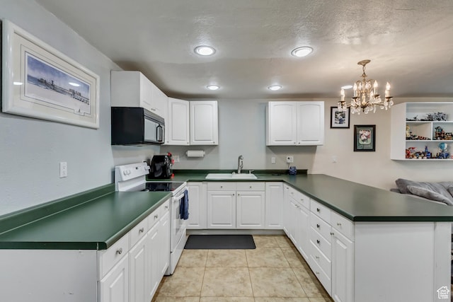 126 W Casi Way, Saratoga Springs, UT 84045 - kitchen featuring white range with electric cooktop, black microwave, a peninsula, a sink, and dark countertops
