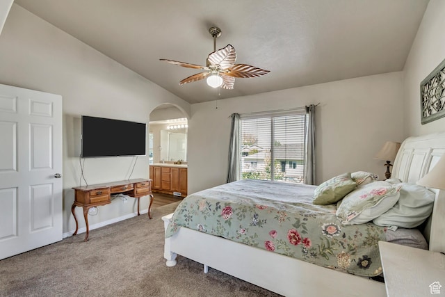 126 W Casi Way, Saratoga Springs, UT 84045 - bedroom with lofted ceiling, light colored carpet, ceiling fan, ensuite bathroom, and baseboards
