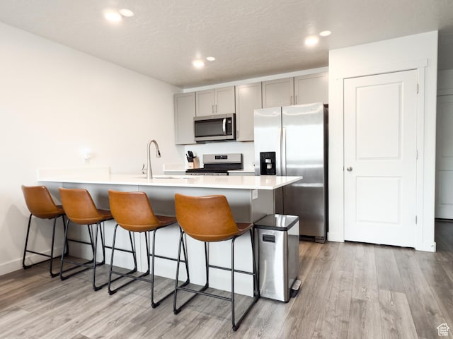 kitchen featuring gray cabinets, appliances with stainless steel finishes, light wood finished floors, and a breakfast bar area