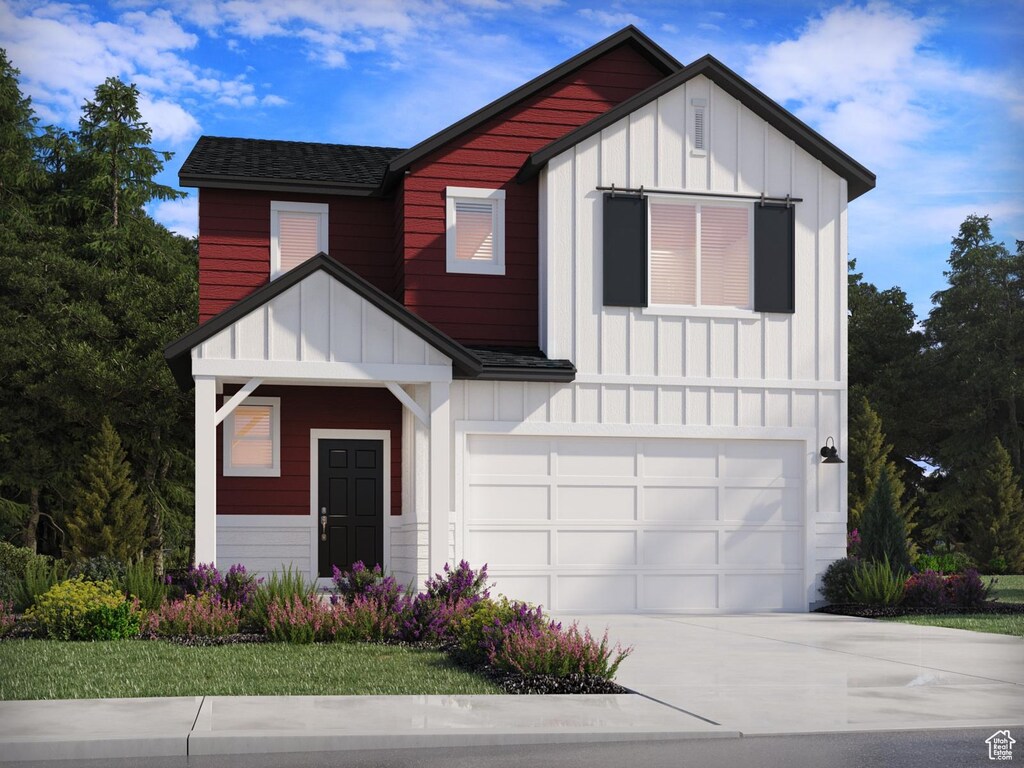 3493 N Gina St Unit 1228, Eagle Mountain, UT 84005 - modern home featuring an attached garage, a shingled roof, board and batten siding, and driveway