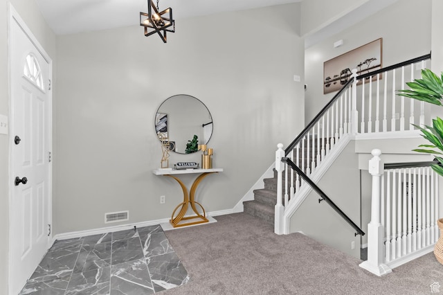 3559 W Lexington View Dr, West Jordan, UT 84088 - foyer with stairway, baseboards, marble finish floor, and visible vents