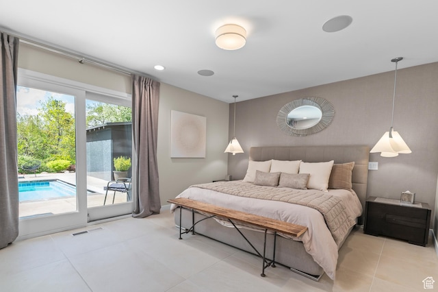 bedroom with access to outside, light tile patterned floors, and visible vents