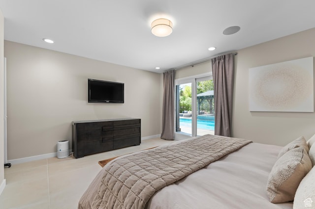 tiled bedroom with baseboards, access to outside, and recessed lighting