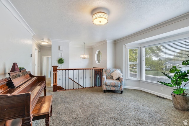 2363 W 960 N, Provo, UT 84601 - living area featuring visible vents, ornamental molding, carpet, and an upstairs landing
