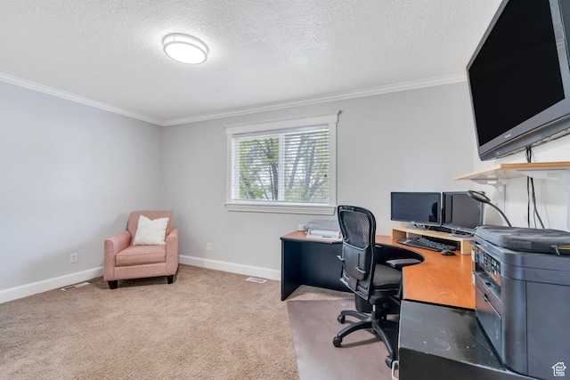 2363 W 960 N, Provo, UT 84601 - carpeted home office with crown molding, baseboards, a textured ceiling, and visible vents