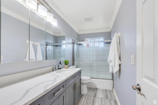 2363 W 960 N, Provo, UT 84601 - full bath with crown molding, shower / bath combination with glass door, vanity, toilet, and baseboards