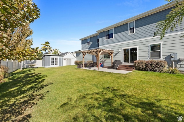 15176 S Battle Dr, Bluffdale, UT 84065 - back of house with a lawn, a fenced backyard, a patio area, and a pergola