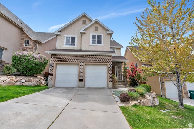 2797 W Fox Hunters Loop, Lehi, UT 84043 - traditional home featuring a front lawn, brick siding, a garage, board and batten siding, and driveway