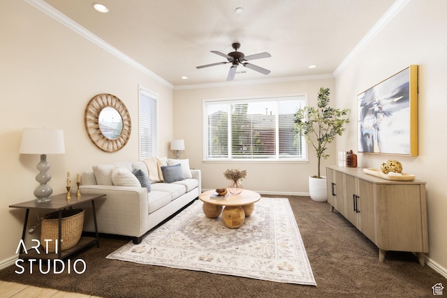living area with ceiling fan, dark colored carpet, recessed lighting, baseboards, and ornamental molding